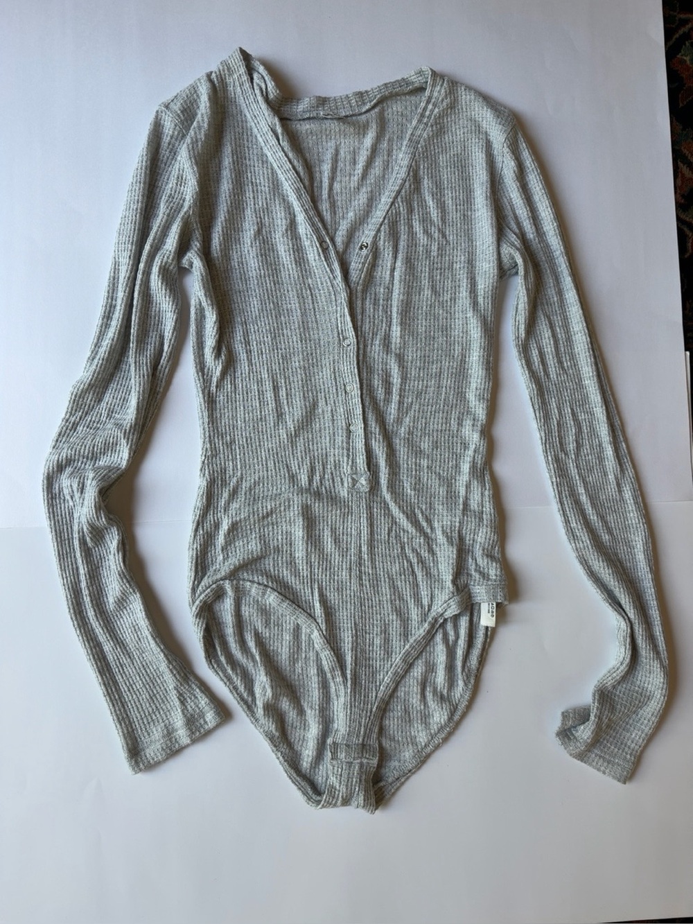 Free People We The Free Light Gray Waffle Knit Long Sleeve Henley Bodysuit Small